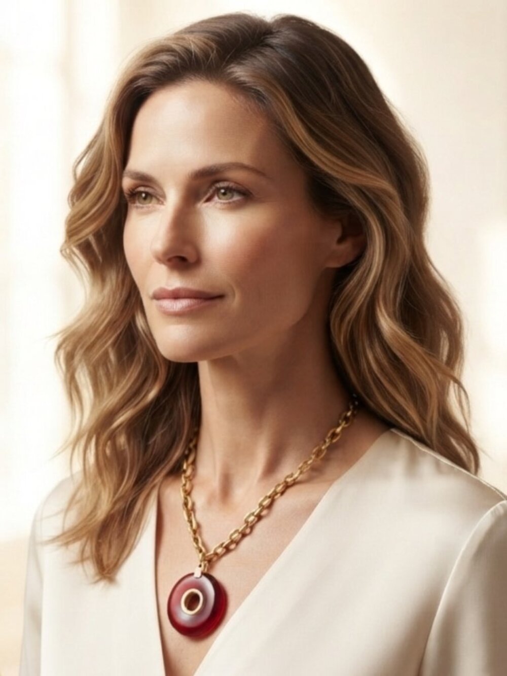 Banana Republic round red resin with gold chain pendant necklace
